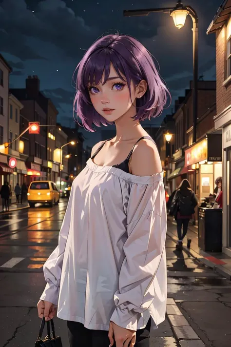masterpiece, best quality,
1girl,
<lora:OversizedClothes_FefaAIart:1>,
purple hair, night, at night, lamp, 90's street, old buildings,
oversized shirt,shirt, off shoulders,