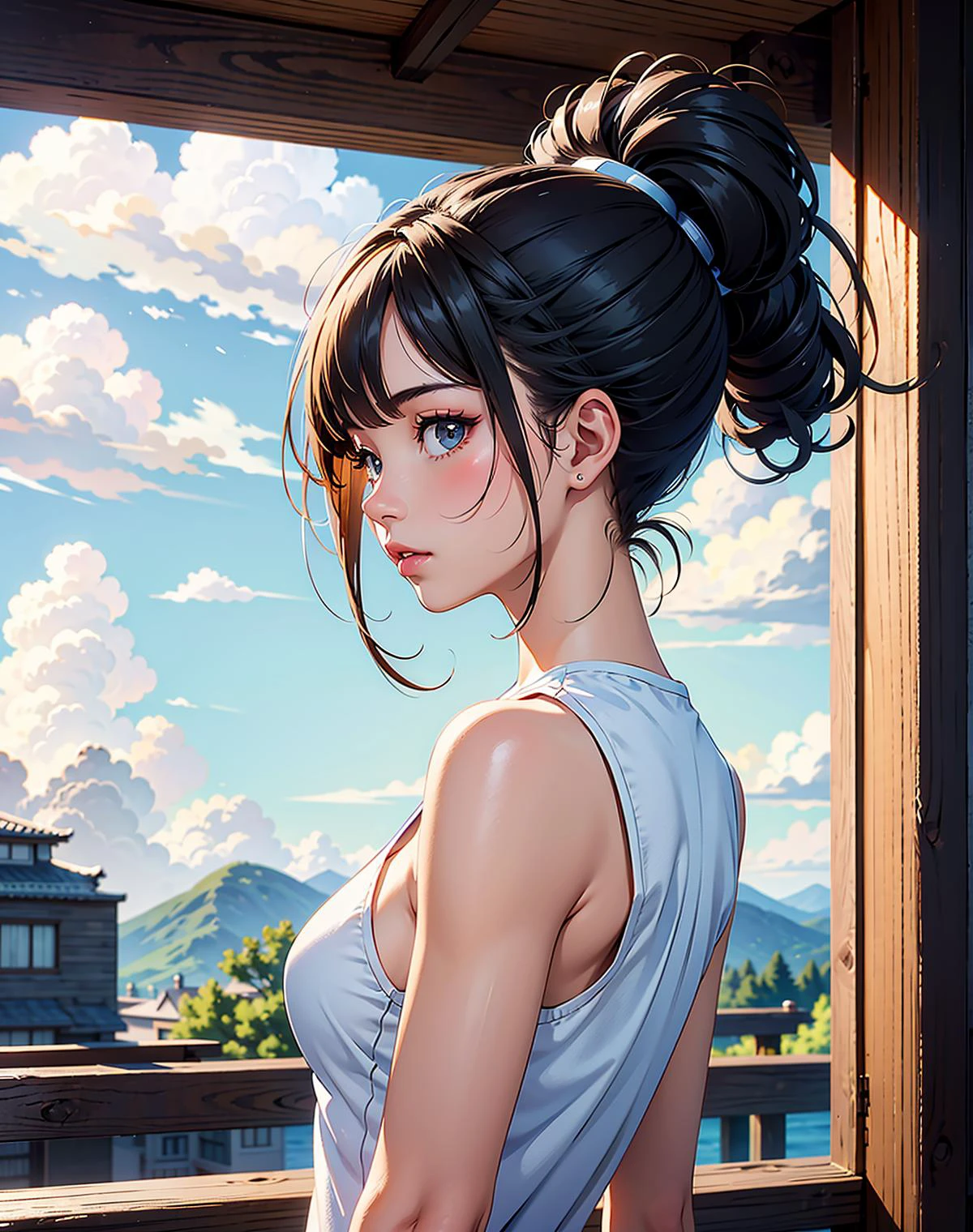 (wide_shot), masterpiece, best quality, highres, abstract, 1girl, side_view, hair_up, looking at viewer, perfect sky background <lora:p1ld31:0.8> pild3, <lora:add_detail:0.8>