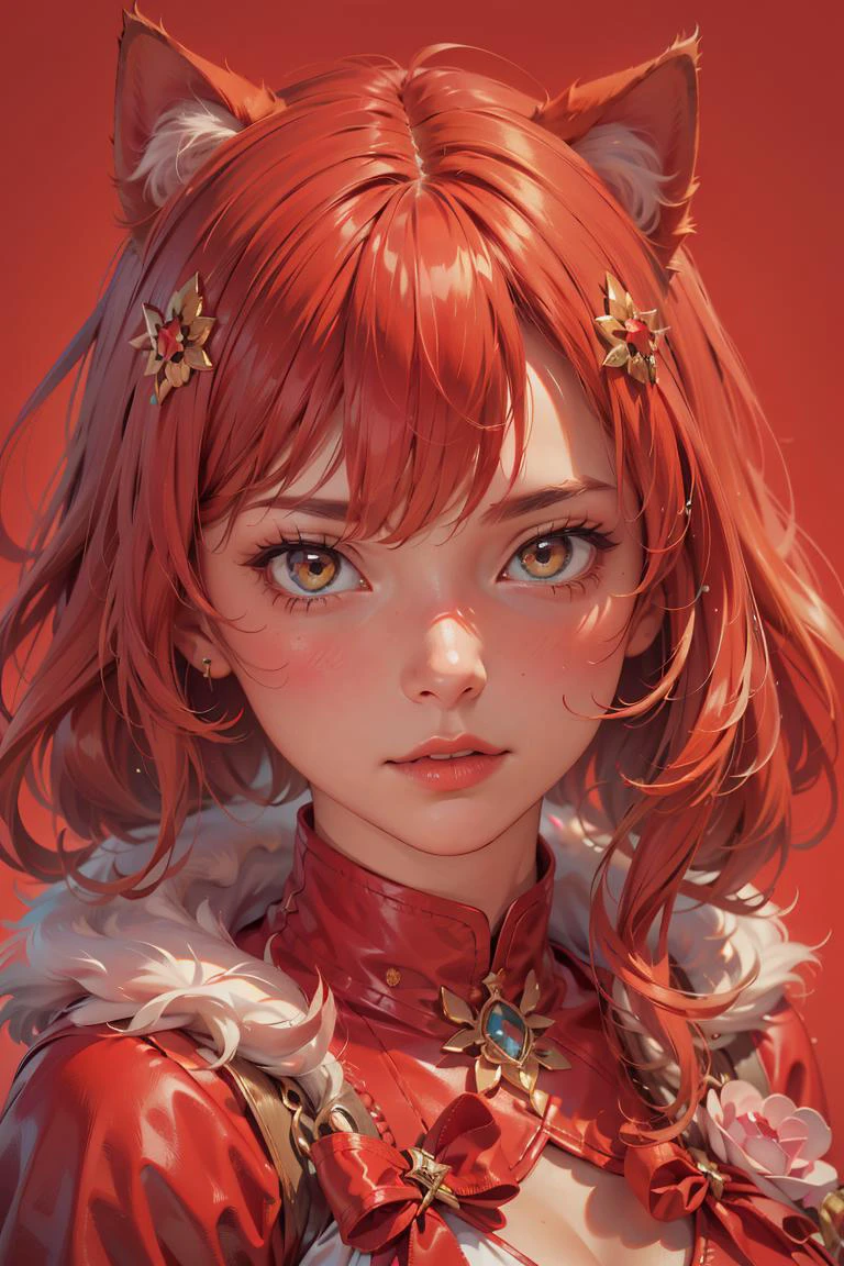 1girl, cat ears, fluff, simple background, (red theme), (gold:0.9), (masterpiece, highest quality:1.18), cg, 8k, extreme quality, stylebuff