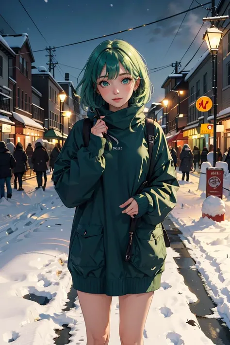 masterpiece, best quality,
1girl, 
 <lora:OversizedClothes_FefaAIart:1>,
green hair, night, at night, snow, snow city, warm,
oversized sweater,