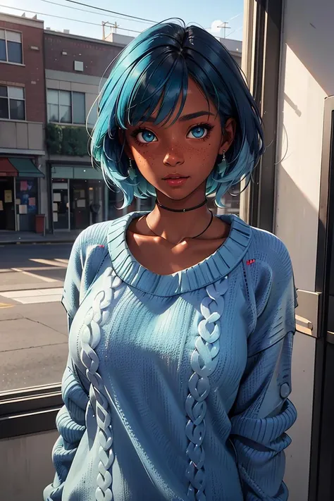 masterpiece, best quality,Ray tracing, hdr, volumetric lighting,
1girl,
 <lora:Darkskin_Ebony_FefaAIart:1>,
blue hair, green eyes, freckles
dark skin, ebony,
<lora:oversized_sweater:0.3>, (oversized sweater:1.3),