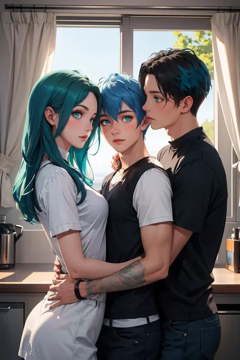 masterpiece, best quality,Ray tracing, hdr, volumetric lighting,
1girl with blue hair and green eyes, 2boys, sandwich, threesome,
 <lora:Threesome_16FefaAIart:1>