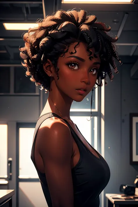 masterpiece, best quality,Ray tracing, hdr, volumetric lighting,
1girl,
High cheekbones, full lips,Natural black curls, Deep brown, athletic build, 
dark skin, ebony,
<lora:darkskin_ebony_FefaAIart:1>