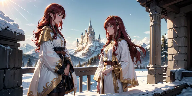 light particles,soft lighting,volumetric lighting,intricate details,finely detailed,standing,detail face,mountain,snow,frontal light,castle,sister love,happy,
(2girls looking at each other),red hair,very long curly hair,(gold eyes:1),white silk shirt,black leather dress,leather boot,dirt,royal,holy,sun,outside,sunny day,daytime,very sweaty,golden jewelry,gem,<lora:add_detail:0.4>,