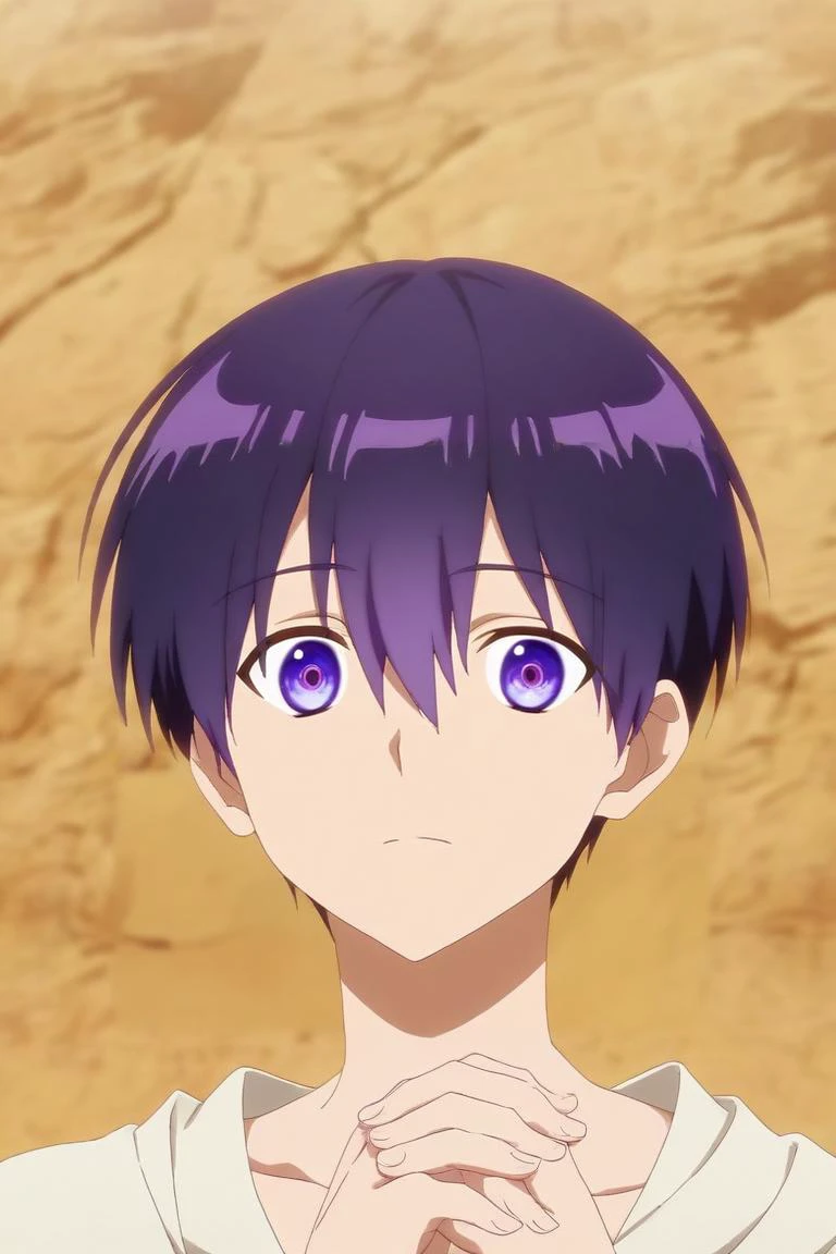 score_9, score_8_up, score_7_up, source_anime, rating_safe, , , looking at viewer, depth of field, 1boy, solo, male focus, <lora:yuuki_izumi_pony:0.82>, yuuki_izumi, purple hair, purple eyes, short hair, hair between eyes, close-up, sahara desert, day, own hands together, happy, , <lora:sdxl_lightning_8step_lora:1>