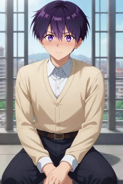 score_9, score_8_up, score_7_up, source_anime, rating_safe, intricate details, semi-realistic, , depth of field, 1boy, solo, male focus, <lora:yuuki_izumi_pony:0.96>, yuuki_izumi, purple hair, purple eyes, short hair, hair between eyes, asymmetrical, atlantis, dusk, sitting, embarrassed, nose blush, businessman costume, <lora:sdxl_lightning_8step_lora:1>