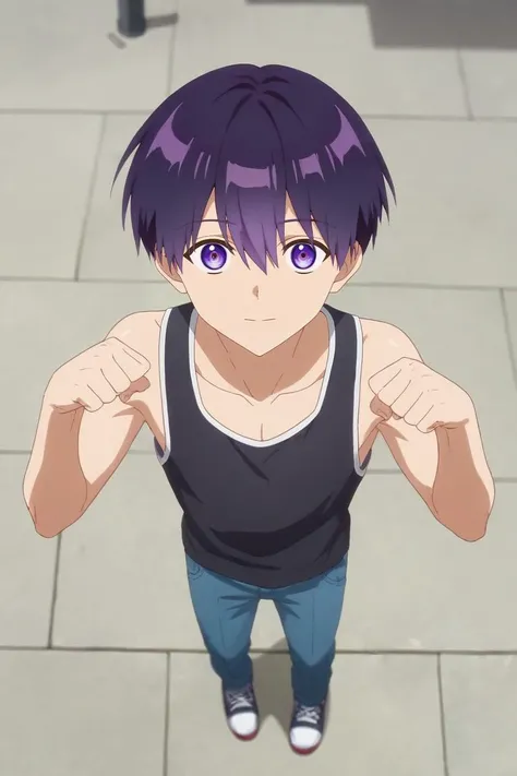 score_9, score_8_up, score_7_up, source_anime, rating_safe, , anime screencap, , official style, looking at viewer, depth of field, 1boy, solo, male focus, <lora:yuuki_izumi_pony:0.76>, yuuki_izumi, purple hair, purple eyes, short hair, hair between eyes, from above, full body, skytree, noon, flexing, happy, , <lora:sdxl_lightning_8step_lora:1>