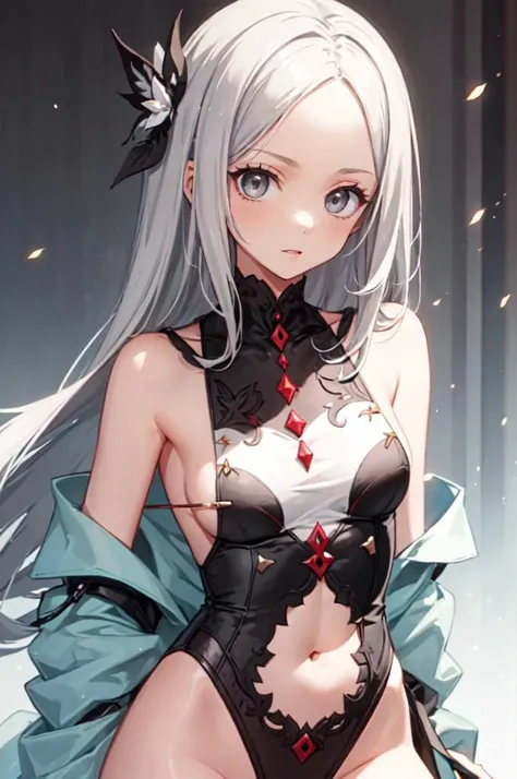 8k,High resolution RAW color art,Anime Art, (((Very detailed and cool))), Detailed skin, Blur、texture,(Exquisitely crafted, The finer details, Ultra-detailed art), (((1 girl))), Depth of written boundary, Silky Touch, Hyper Detail, (((Cool face))), eye shadow、Silver Marble Skin, Beautiful detailed red eyes, Beautiful lip detail, Very delicate face, Delicate depiction of hair and eyes, Detailed Fashion, Silver earrings,Silver Bracelet、Full body depiction, Black half top、(((Shoulder Bare)))、Black shorts、black waist cloak、black tights、 A little bit of grey hair, Ponytail Hair、Semi-long hair、(((Hair)))、water surface、silk clotheatte、Soft clothes