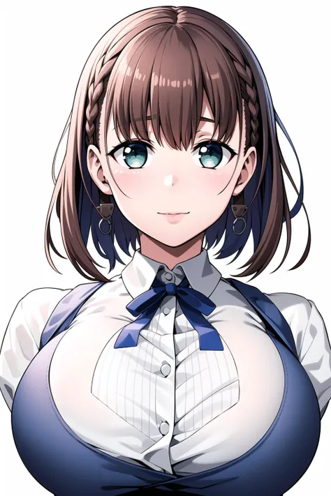 Simple White Background,
school_uniform,white_skirt,BLUE_Ribbon,BLUE_pleated_skirt,Black_pantyhose,overall,
<lora:Ai_chan_tawawa-V1:0.7>,
Brown_hair,SHORT_hair, GREEN_eyes,bangs,disheveled hair,hairclip,braids, 
<lora:Oda_Non_Style-KK77-V2:0.1>,<lora:more_details:0.1>,
1 girl, 20yo,Young female,Beautiful Finger,Beautiful long legs,Beautiful body,Beautiful Nose,Beautiful character design, perfect eyes, perfect face,expressive eyes,perfect balance,
looking at viewer,(Focus on her face),closed mouth, (innocent_big_eyes:1.0),(Light_Smile:1.0),
official art,extremely detailed CG unity 8k wallpaper, perfect lighting,Colorful, Bright_Front_face_Lighting,White skin,
(masterpiece:1.0),(best_quality:1.0), ultra high res,4K,ultra-detailed,
photography, 8K, HDR, highres, absurdres:1.2, Kodak portra 400, film grain, blurry background, bokeh:1.2, lens flare, (vibrant_color:1.2),professional photograph,
(Beautiful,huge_Breasts:1.4), (beautiful_face:1.5),(narrow_waist),