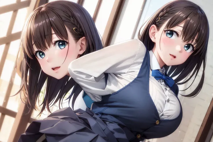 (masterpiece, best quality:1.2), highly detailed, ultra high res,<lora:aiChanTawawaOnMonday_v10:0.7>,  <lora:Kiseki-Himura4:0.3>, monochrome ,blue theme,  breasts, looking at viewer, innocent big eyes, alluring,(light_smile:0.5),embarrassed, shy, (school_uniform), (white_skirt),(BLUE_Long_Tie), (BLUE_pleated_skirt), (Black_pantyhose), (Brown_SHORT_hair), (GREEN_eyes:1.0),(bangs),disheveled hair,(hairclip), 1 girl, Solo, Manga,20yo,mature female,Beautiful Finger,Beautiful long legs,Beautiful body,Beautiful Nose,Beautiful character design, perfect eyes, perfect face, Japanese,cosplay, from front , leaning forward, ,partially_unbuttoned,button_gap,