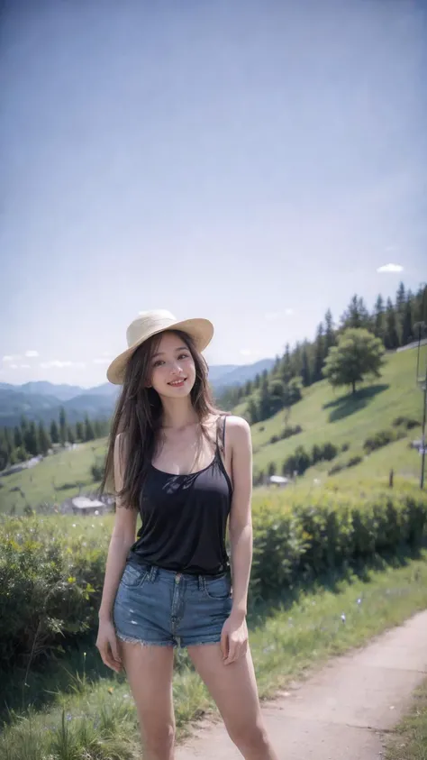 1 woman ((upper body selfie, happy)), masterpiece, best quality, ultra-detailed, solo, outdoor, (night), mountains, nature, (stars, moon) cheerful, happy, backpack, sleeping bag, camping stove, water bottle, country boot, country hat, red plaid shirt long sleeve open, lantern, forest, rocks, river, wood, smoke, shadows, contrast, clear sky, style, (warm hue,  warm tone: 1.2), close-up, cinematic light, side lighting, ultra high resolution, best shadow, RAW, upper body, wearing lingerie, seductive look, huge breasts, 4k, open neckline, sexy