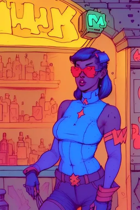 Blackfire, tan skin, black hair, huge tits, waitress, bar, nipples, pussy, slutty outfit, lipstick, sagging breasts, holding a tray of drinks, normal ears,