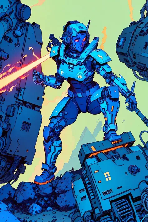 mecha, no humans, black armor, blue eyes, science fiction, fire, laser canon beam, war, conflict, by josan gonzalez