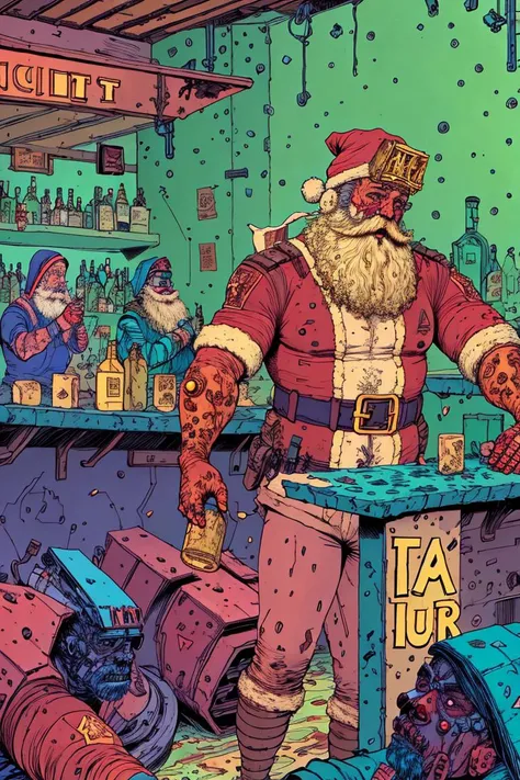 drunk, creepy santa, muddy, crowded bottles bar, by josan gonzalez