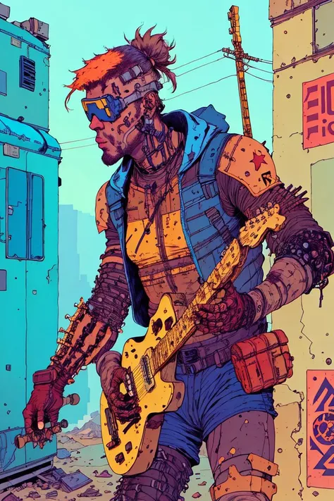 man with guitar, post-apocalypse, by josan gonzalez