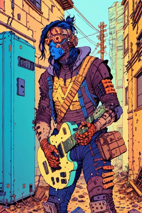 man with guitar, post-apocalypse, by josan gonzalez