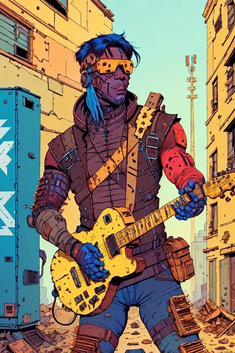 man with guitar, post-apocalypse, by josan gonzalez