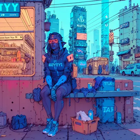 wide angle, frontal view, a drawing of an elf sitting at the (bus station), passengers, flying cars, futuristic cyberpunk sky scrappers, clothes drying on lines, power lines, city in the background, in the style of josan gonzalez <lora:deathburger josan gonzalez:0.8>