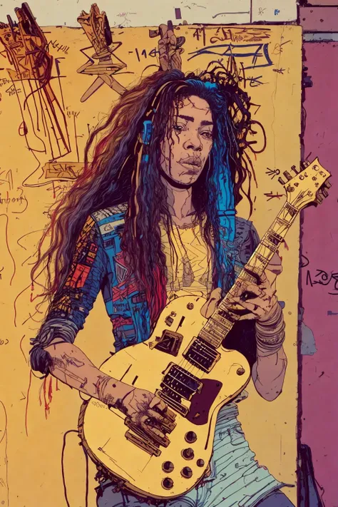 woman with guitar, long hair, by josan gonzalez, Jean-Michel Basquiat
  <lora:deathburger josan gonzalez-000006:1> <lora:add_detail:1>