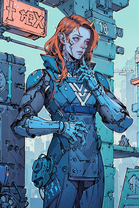 by josan gonzalez,close, high contrast, stylish,masterpiece, best quality, 1female, young, tall mature, red wavy hair,neon horns, symmetrical eyes, best light and shadow, chinese stealth suit,science fiction, skin tight, standing, dark postapoc background, postapocalyptic background, outdoors, dystopian ruined city, , <lora:chinese stealth suit V3:0.9>, <lora:deathburger josan gonzalez:0.68>, futobot, <lora:Futuristicbot4:0.65>, neon lights , dystopian city , hackers , by Josan Gonzalez , Simon Stalenhag , Maciej Rebisz , Mike Winkelmann (Beeple) , Darek Zabrocki