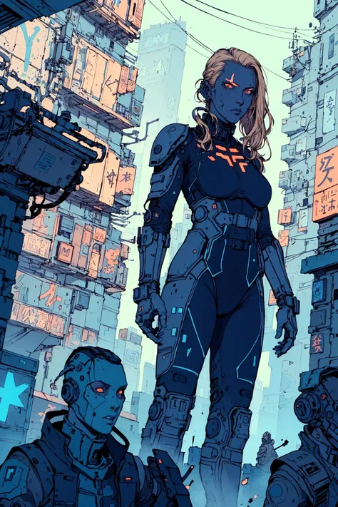 by josan gonzalez,close, high contrast, stylish,masterpiece, best quality, 1female, young, tall mature, blond wavy hair, symmetrical eyes, best light and shadow, chinese stealth suit,science fiction, skin tight, standing, dark postapoc background, postapocalyptic background, outdoors, dystopian ruined city, , <lora:chinese stealth suit V3:0.9>,  <lora:deathburger josan gonzalez:0.68>, futuristic technology , robots , spaceships , by Vitaly Bulgarov , Maciej Kuciara , Jama Jurabaev , Sparth , Karla Ortiz
