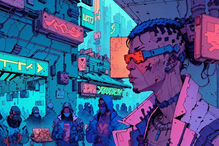cyberpunk market, crowd, by josan gonzalez