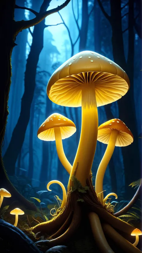 <lora:CarnageStyleXL:1>CarnageStyle Yellow glowing fungi providing light in an enchanted forest, terror, (Masterpiece:1.3) (best quality:1.2) (high quality:1.1)