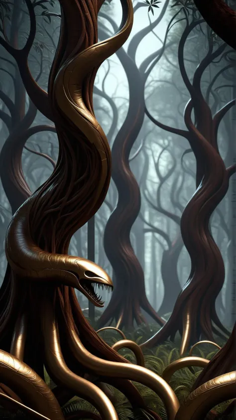 <lora:CarnageStyleXL:1>CarnageStyle Bronze a forest with binary trees, digital animals interacting, horror, (Masterpiece:1.3) (best quality:1.2) (high quality:1.1)