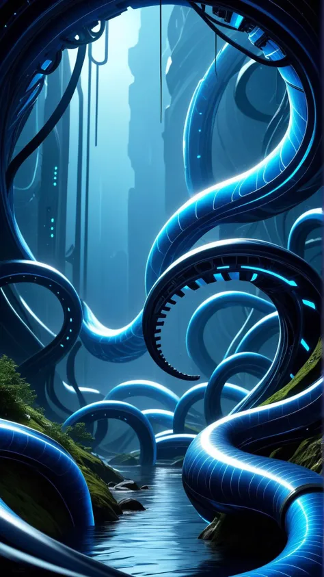 <lora:CarnageStyleXL:1>CarnageStyle Blue Cybernetic world with river streams acting as coolant system, spiral, (Masterpiece:1.3) (best quality:1.2) (high quality:1.1)