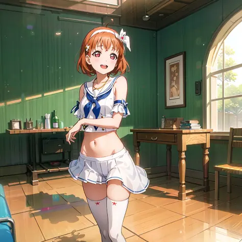 best quality, ultra high res, (photorealistic:1.4), 1girl, full body,nude,bare shoulders, half body under water,cinematic angle,from behind,thigh gap,cleavage,revealing,see-through,professional lighting,thighhighs,hairband,sailor collar,necklace,smile,