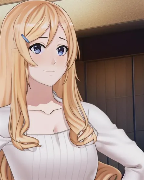 <lora:ellie_kobayashi:1>, {{cinematic lighting}}, {{intricate extremely detailed}}, {{full body outline}}, {{{masterpiece}}}, {{{best quality}}}, {{ultra-detailed}}, {beautiful detailed eyes}, {1girl}, {{ellie kobayashi}}, {blonde hair}, {blue eyes}, {{blue hair clip}}, {white dress}, {{smile}}, {{solo}}, {{looking at viewer}}, {{hand on hip}}