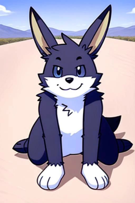 rooey, rooi, louie, louie bomberman, (black fur), desert setting, detailed, smile, :3, all fours, (front view), from front