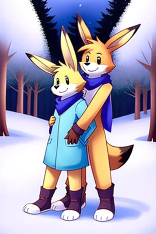 rooey, rooi, louie, louie bomberman, winter forest setting, detailed, smile, :3, from front, hugging, hug, duo, scarf