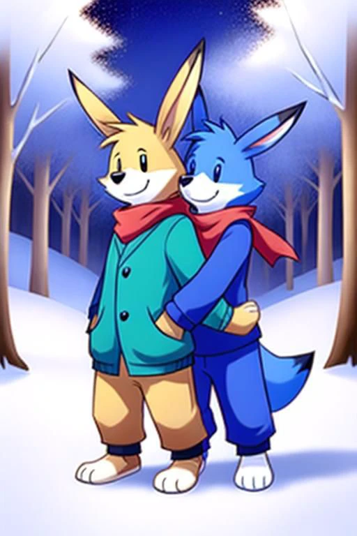 rooey, rooi, louie, louie bomberman, winter forest setting, detailed, smile, :3, from front, hugging, hug, duo, scarf