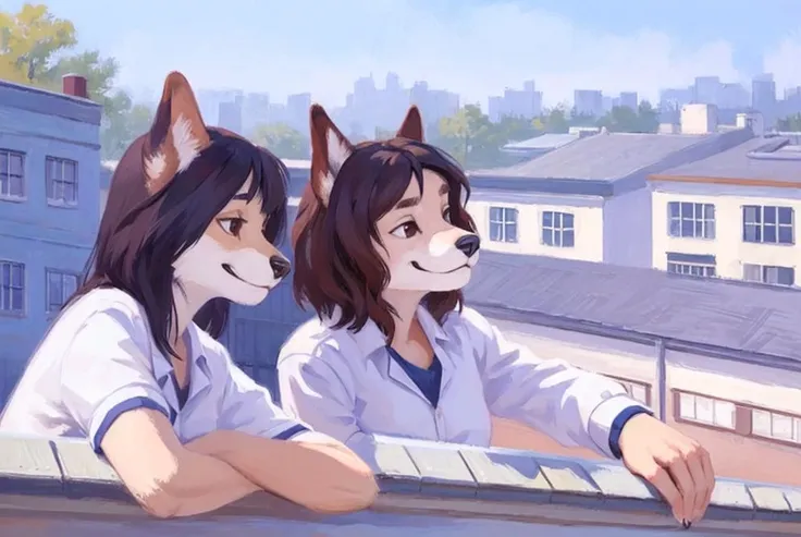 2girls, anthro furry canine female dark hair, school rooftop, leaning, hand on fence, profile portrait, subtle smile, post impressionism