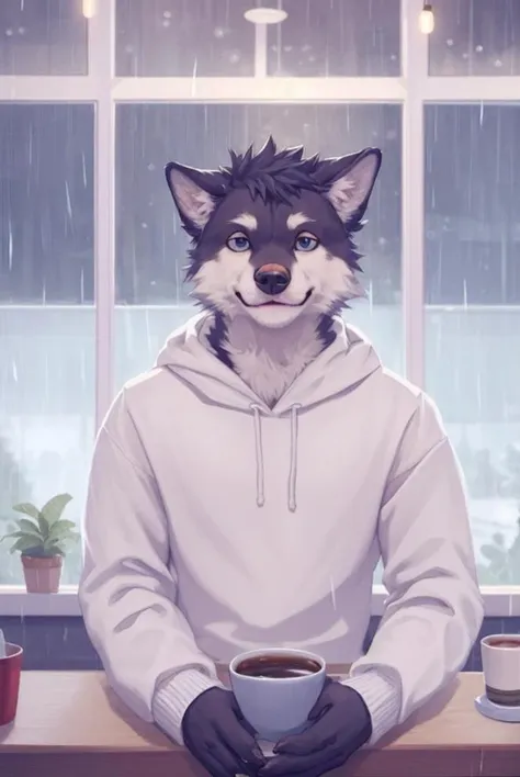 anthro furry canine male sitting, short hair, solo, cozy clothing, (coffee shop window background:0.8), rain, (huge mug:0.3),(smile:0.3), (fog:0.4), portrait, desk