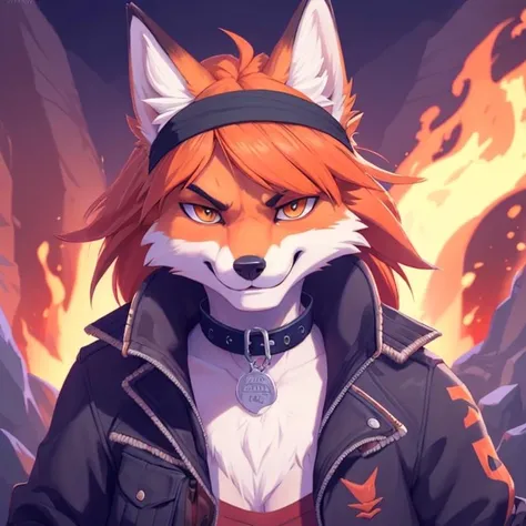 (detailed fire background),
anthro furry female fox, orange hair, enface portrait, small, looking at viewer, intimidating, smirk, black headband, collar, jacket,
highly detailed, absurdres, cinematic lighting, soft, fluffy,
by adam wan, by Roanoak, by The Secret Cave,
<lora:add_detail:0.8>