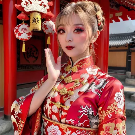 A photorealistic image of a woman dressed in a vibrant red qipao, adorned with traditional Chinese patterns. Her makeup should be heavy yet elegant, possibly with red lipstick and intricate eye makeup. She should be standing in a setting that is rich with Chinese cultural elements, such as red lanterns, calligraphy, or traditional Chinese architecture. Her hands should be clasped together in a gesture of greeting, as if wishing everyone a Happy New Year. Her facial expression should be one of joy and warmth. The lighting should be festive, perhaps with the soft glow of lanterns illuminating the scene, <lora:gokuraku:0.65>