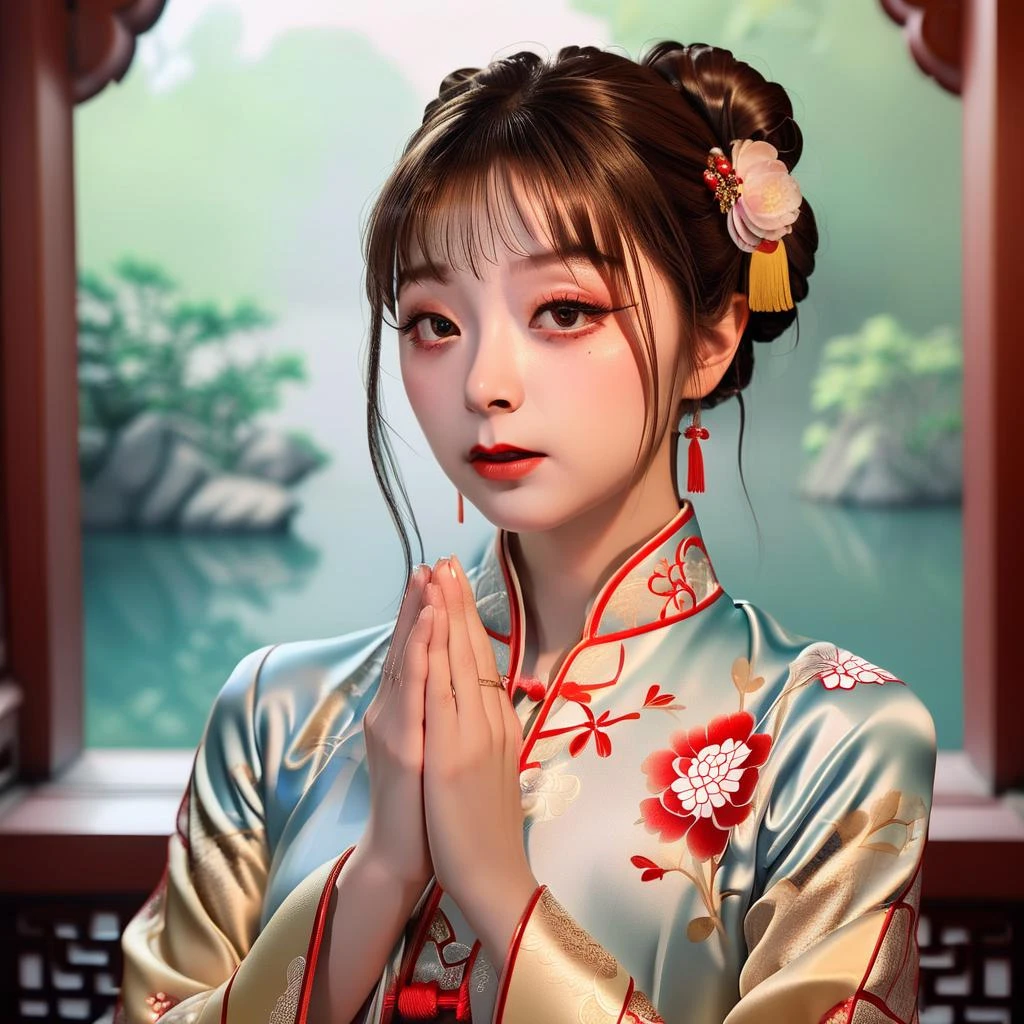 A photorealistic image of a woman dressed in a traditional qipao, standing in a serene setting suitable for prayer or meditation. Her makeup should be heavy yet artfully applied, perhaps with a focus on the eyes and lips. She should be in a devout praying position, with her hands clasped together in front of her. Her expression should be one of deep concentration and spirituality. The lighting should be soft but sufficient to highlight the intricate details of her attire and makeup,<lora:gokuraku:0.75>