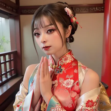 A photorealistic image of a woman dressed in a traditional qipao, standing in a serene setting suitable for prayer or meditation. Her makeup should be heavy yet artfully applied, perhaps with a focus on the eyes and lips. She should be in a devout praying position, with her hands clasped together in front of her. Her expression should be one of deep concentration and spirituality. The lighting should be soft but sufficient to highlight the intricate details of her attire and makeup,<lora:gokuraku:0.8>