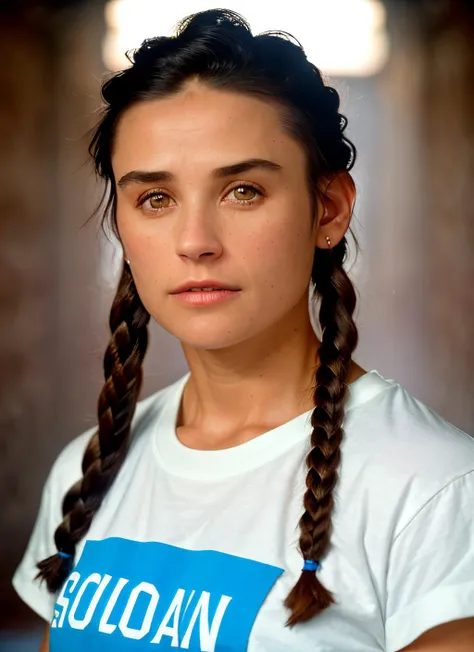 portrait of skswoman, loving , wearing t-shirt , with chocolate Side braid , background alleyway epic (photo, studio lighting, hard light, sony a7, 50 mm, matte skin, pores, colors, hyperdetailed, hyperrealistic), <lyco:Demi MooreV3:1.2>