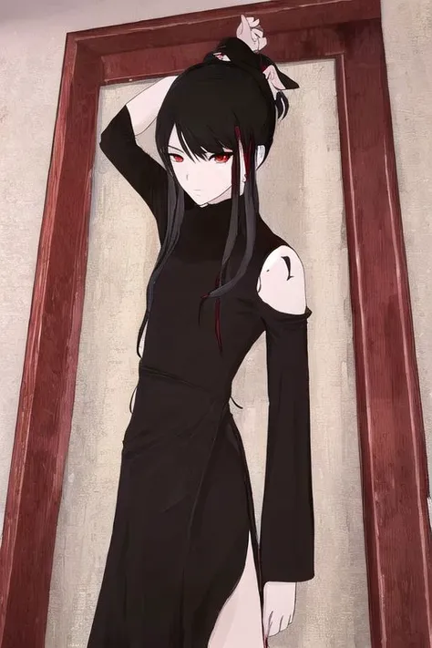 illustration,
salem,
30 tall slender person,
scars over the body,
red eyes, short black hair with ponytail,
sunken cheeks,
wear simple black shirt and pants,
red white, and black colors,
standing, cowboy shot,
looking at viewer,
dynamic light, ultra detail,
extremely detailed CG, full detail,
8k best quality, realistic, 8k,
micro intricate, masterpiece,