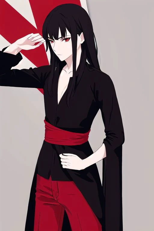 illustration,
salem,
30 tall slender person,
scars over the body,
red eyes, 
long black hair,
messy hair,
combat dress,
torn edges of clothing,
simple black shirt and pants,
red white, and black colors,
standing, cowboy shot,
looking at viewer,
dynamic light, ultra detail,
extremely detailed CG, full detail, 
8k best quality, realistic, 8k, 
micro intricate, masterpiece,