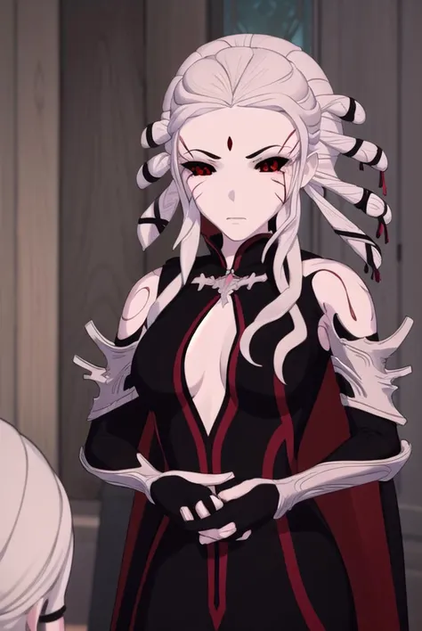 salem, <lyco:salem-lyco-nochekaiser:1>,
salem, long hair, (red eyes:1.5), white hair, facial mark, colored sclera, forehead mark, (black sclera:1.5),
BREAK dress, cleavage, cape, black dress, center opening,
BREAK indoors,
BREAK looking at viewer, (cowboy shot:1.5),
BREAK <lyco:GoodHands-beta2:1>, (masterpiece:1.2), best quality, high resolution, unity 8k wallpaper, (illustration:0.8), (beautiful detailed eyes:1.6), extremely detailed face, perfect lighting, extremely detailed CG, (perfect hands, perfect anatomy),