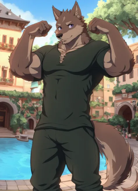 <lora:yuujirou-09:1>, yuujirou, solo, (soft shading), 4k, hi res, detailed face, detailed eyes, detailed, ((full body)), by zackarry911, by zaush, (by personalami:0.5), clothed, muscular, muscular male, bara, green shirt, pants, purple eyes, town, fountain, looking at viewer, flexing, flexing biceps, flexing arm, wolf tail
