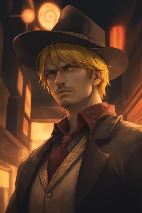 <lora:w3st:0.7> w3st portrait man, short yellow hair, serious, emitting red light