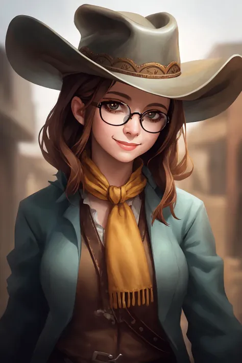 <lora:w3st:0.8> w3st woman, close up portrait, focus, smile, cowboy hat, glasses