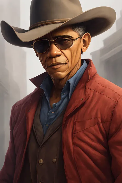 <lora:w3st:0.8> w3st obama portrait, cowboy, red jacket, glasses