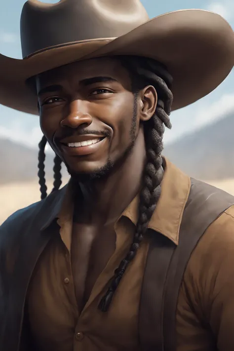 <lora:w3st:0.8> w3st black man with braids, close up portrait, focus, cowboy hat, smiling, holding energy in his eyes