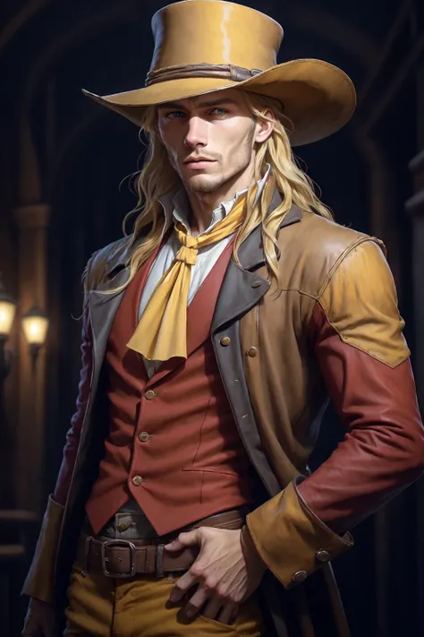 <lora:w3st:1> young man portrait, long yellow hair, red outfit